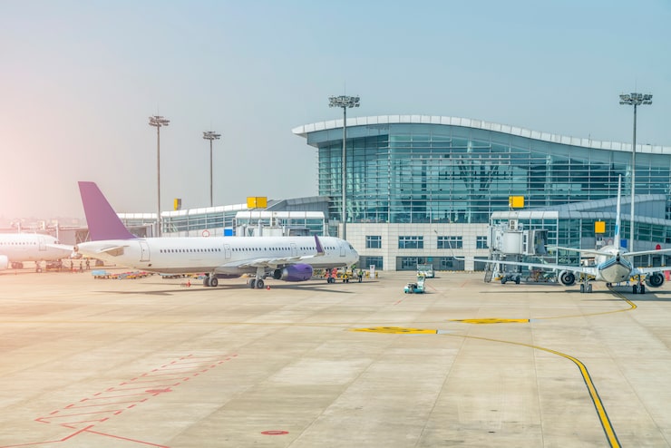 Illustration of an international airport terminal and apron, representing Dholera International Airport