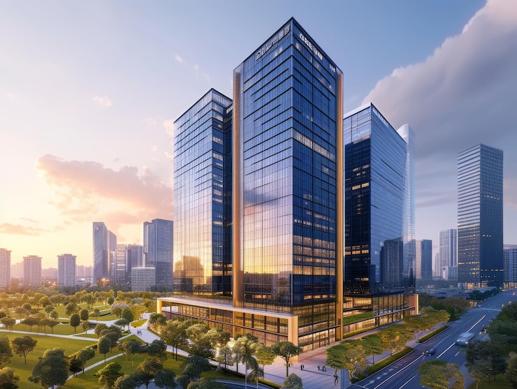 Illustration of modern glass towers and a green park, a vision for Dholera Smart City