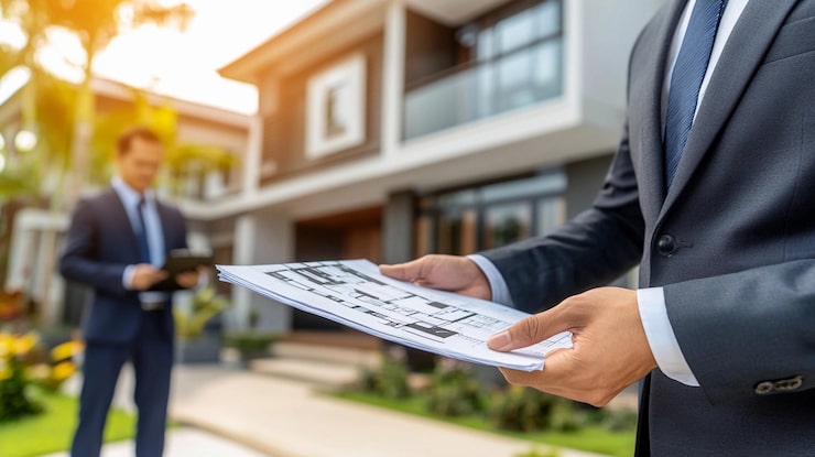 Property advisor reviewing plans, representing investment planning for Dholera