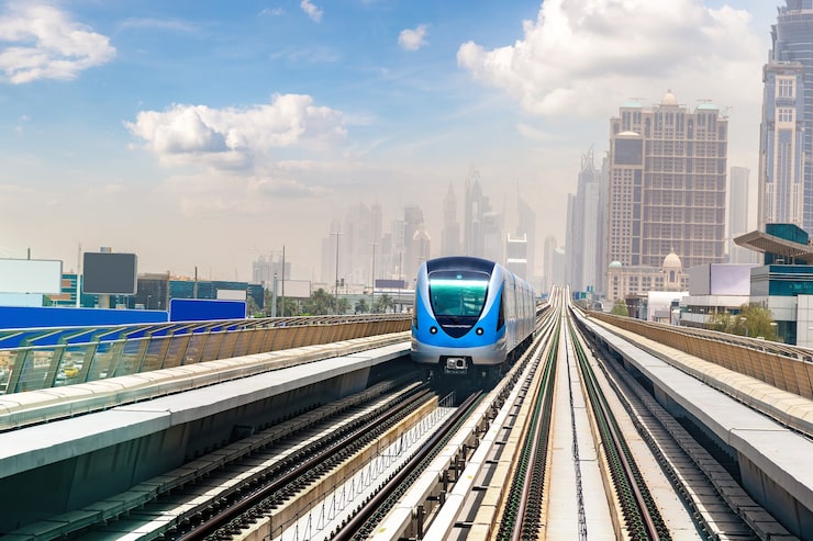 Illustration of a passenger train on an elevated track, representing rail and mass transit links to Dholera