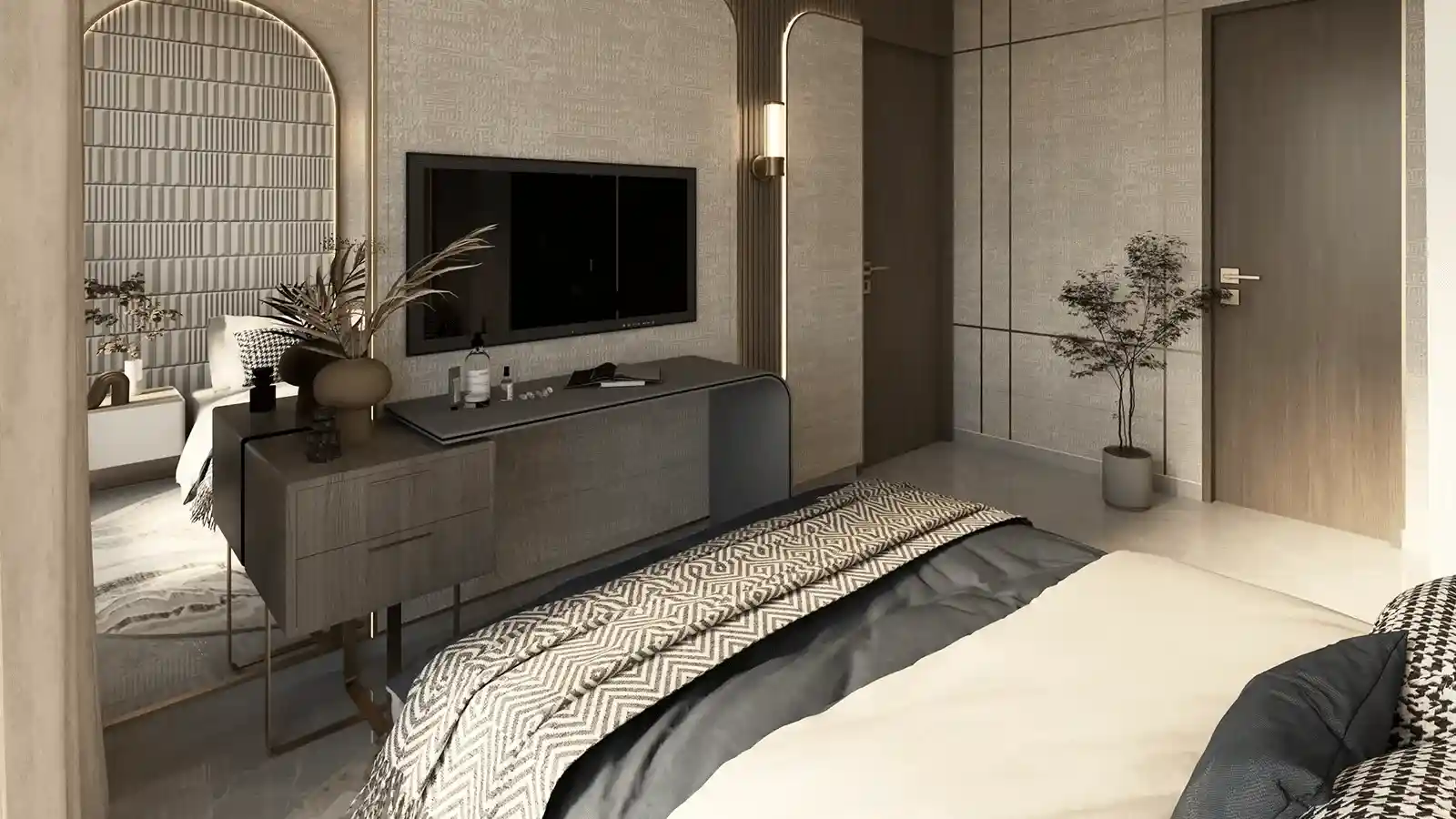 Spacious master bedroom interior in Infinity Infracon residential units Dholera